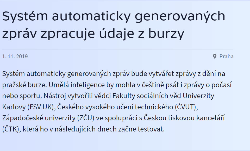 Systém automaticky generovaných zpráv zpracuje údaje z burzy