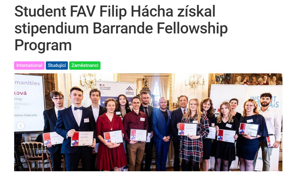 Student FAV Filip Hácha získal stipendium Barrande Fellowship Program