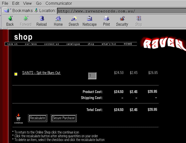 CGI-based shopping
cart, www.ravenrecords.com.au